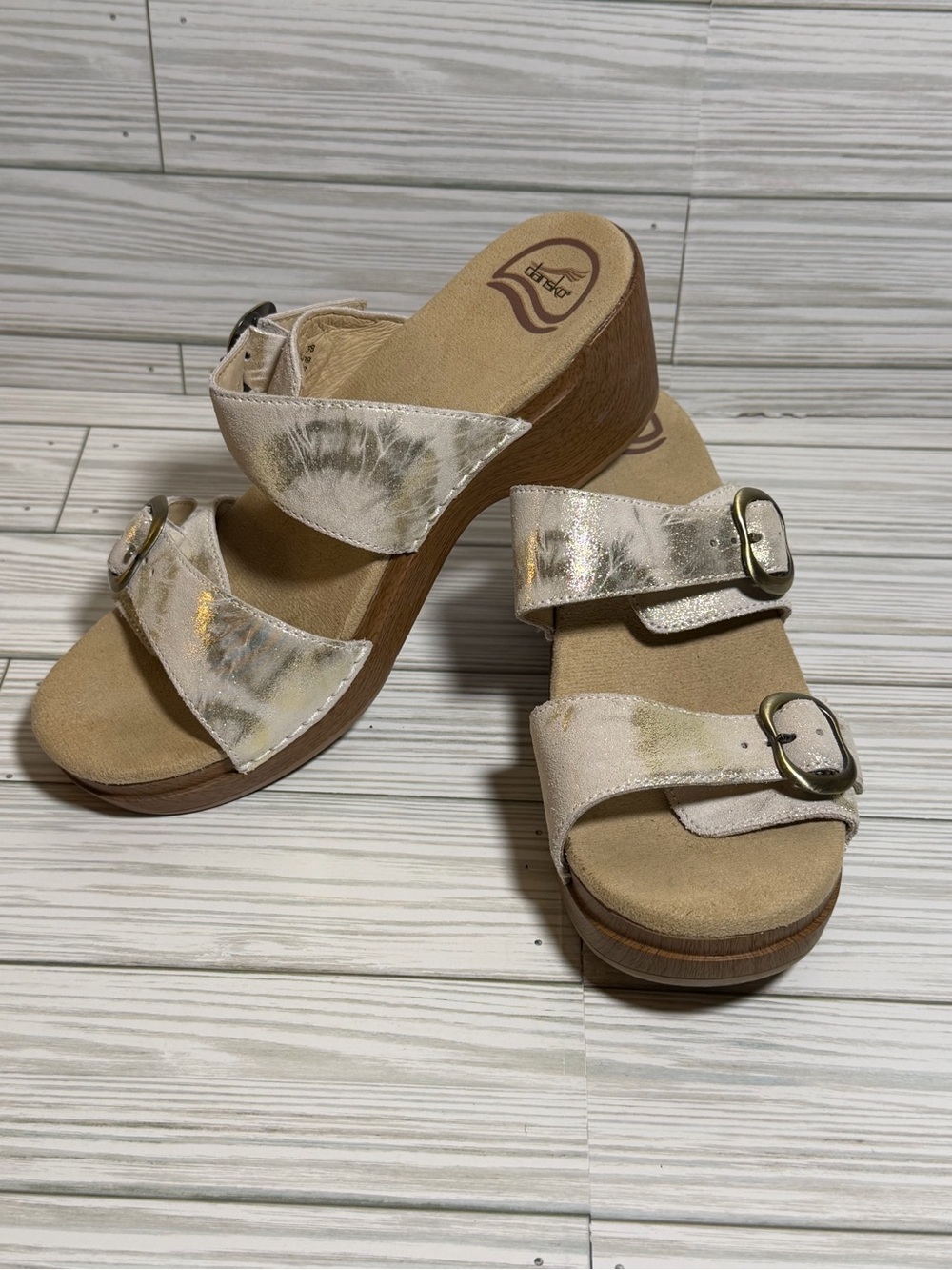 Dansko Sophie Leather Slide Sandals Wood Grain Platform Comfort Sz 7.5
